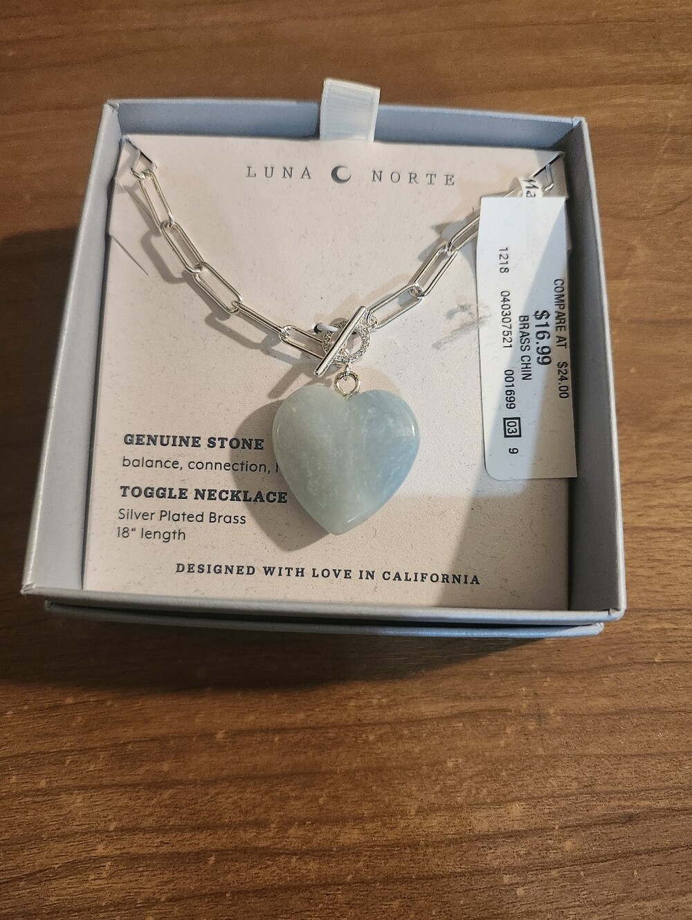 Luna Norte Silver-Plated Toggle Necklace with Light Blue Heart Stone